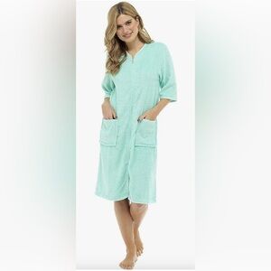 Tom franks cotton terry zip front gown housecoat mint sz medium UK 12/14